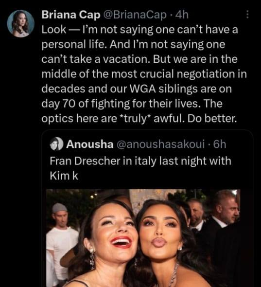 SensibleActor's tweet photo. Crucial #Negotiation: As an #actor's strike looms in #Hollywood [it is HOURS away] some of the 160,000 members of #SAGAFTRA #resent #union #president #FranDrescher canoodling with #KimKardashian in #Italy.

#sagaftramember #1u #writersstrike #UnionStrong #WritersUnion #actorslife https://t.co/UojFSEn6fn