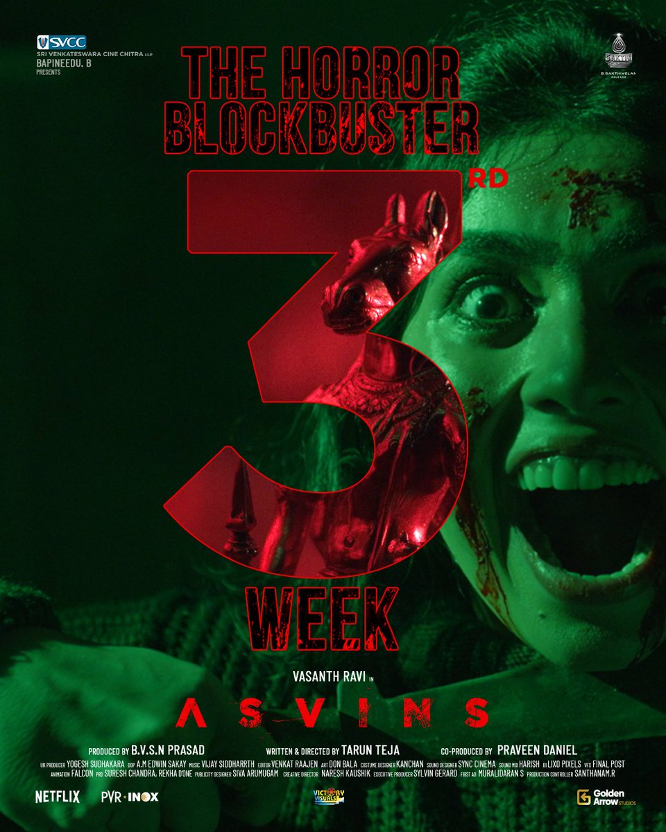 SVCC (@svccofficial) on Twitter photo Three weeks of terror, and the screams still echo. Have you experienced #Asvins yet?
Book your tickets now👇
bit.ly/Asvins_BMS
<a href="/SVCCofficial/">SVCC</a> <a href="/BvsnP/">Bvsn Prasad</a> @sakthifilmfctry <a href="/praveen2000/">praveen daniel</a> <a href="/iamvasanthravi/">Vasanth Ravi</a> <a href="/taruntejafilm/">Tarun Teja</a> Three weeks of terror, and the screams still echo. Have you experienced #Asvins yet?
Book your tickets now👇
bit.ly/Asvins_BMS
<a href="/SVCCofficial/">SVCC</a> <a href="/BvsnP/">Bvsn Prasad</a> @sakthifilmfctry <a href="/praveen2000/">praveen daniel</a> <a href="/iamvasanthravi/">Vasanth Ravi</a> <a href="/taruntejafilm/">Tarun Teja</a>