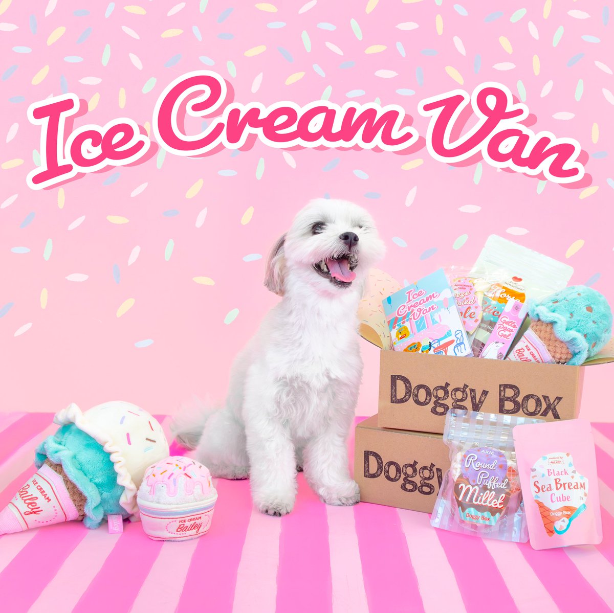doggybox_jp's tweet photo. 今月のテーマはIce Cream Van🧊✨

天気のいい日にはアイスクリームがぴったり💡
お散歩がてらお店に寄って、今日はどの味にしようかな？💭

両手に持ったら、ひと口ずつパクリ🌟
とろけるように甘くて幸せな、夏のお楽しみ時間😋🧡

詳しくはこちら▶︎https://t.co/Avx35eSRh0 https://t.co/CerijOg3Yl