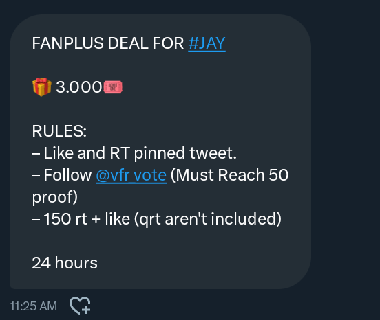 FANPLUS DEAL FOR #JAY
#ENVOOSTERS #ENFuelUp
🎁 3.000🎟️

RULES: 
– Like and RT pinned tweet.
– Follow <a href="/vfr_vote/">VFR VOTE ✨</a> (Must Reach 50 proof)
– 150 rt + like (qrt aren't included)

24 hours