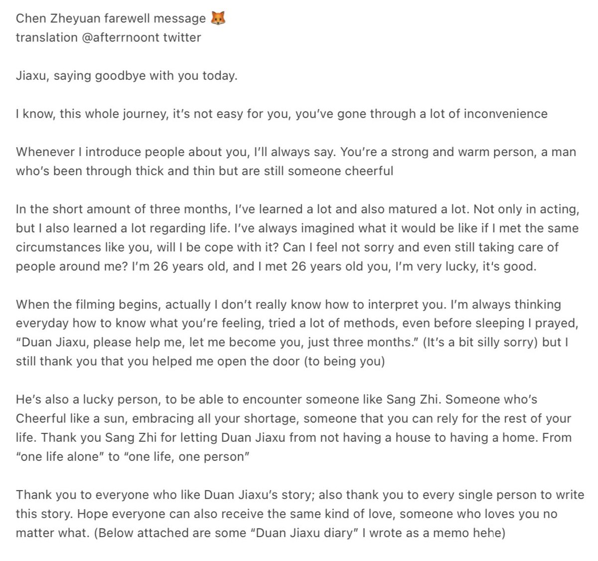 afterrnoont's tweet photo. #ChenZheyuan’s farewell message to Duan Jiaxu 🦊

“…
Thank you Sang Zhi for letting Duan Jiaxu from not having a house to having a home. From ‘one life alone’ to ‘one life, one person’…”

#HiddenLove 💘 https://t.co/2XrxVj9Bao