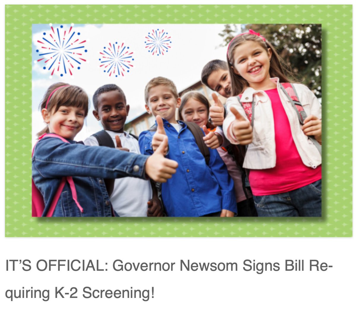 IT'S OFFICIAL! K-2 #UniversalScreening will be required in CA schools! #PreventReadingFailure #EarlyIntervention #LiteracyforAllinCA #UntilAllCanRead #Dyslexia TY @GavinNewsom @Portantino @edvoice @CaliforniaPTA @careads @FulcrumLiteracy MORE HERE: decodingdyslexiaca.org/its-official-g…