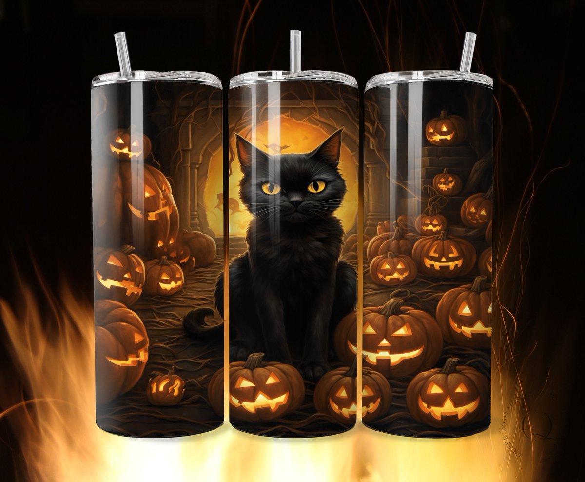 Halloween Tumbler Wrap 20oz Sublimation Tumbler Designs, Black Cat 9.3' x 8.2”, Straight Skinny Tumbler Wrap PNG, Sublimation Designs PNG etsy.me/3PPLGuo #tumblerwrap #20oztumblerwrap #sublimationdesigns #skinnytumbler #halloween #blackcat