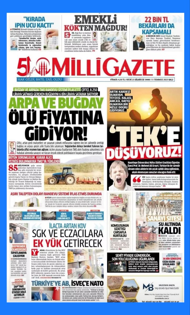 berlin_saadet's tweet photo. #MilliGAZETE
#HâkGeldiBâtılZâilOldu
#Arpa Ve Buğday Ölü Fiyatına Gidiyor
#Teke Düşüyoruz
#Kirada İpin Ucu Kaçtı
#Emekli Kökten Mağdur
#22 Bin Lira Bekârları da Kapsamlı https://t.co/xE9bnDcCzo