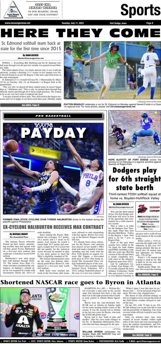 Eric Pratt (@byericpratt) on Twitter photo A first glance at Tuesday's Messenger sports section. St. Edmond is headed back to the state softball tournament (by <a href="/DanaBecker/">Dana Becker</a>; photos by Britt Kudla). Fort Dodge gets its chance on Tuesday at home (by <a href="/DanaBecker/">Dana Becker</a>). #iahssb A first glance at Tuesday's Messenger sports section. St. Edmond is headed back to the state softball tournament (by <a href="/DanaBecker/">Dana Becker</a>; photos by Britt Kudla). Fort Dodge gets its chance on Tuesday at home (by <a href="/DanaBecker/">Dana Becker</a>). #iahssb