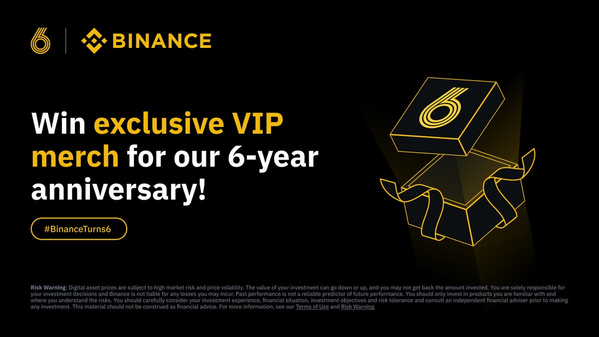 To celebrate Binance's 6th Anniversary, we’re giving out an exclusive #Binance VIP present!

How to join:
🔸 Retweet
🔸 Follow <a href="/BinanceVIP/">Binance VIP & Institutional</a>
🔸 Share your favorite Binance VIP feature &amp; why, using #BinanceTurns6

The best 5 win VIP exclusive merch - either a Skateboard or Theragun