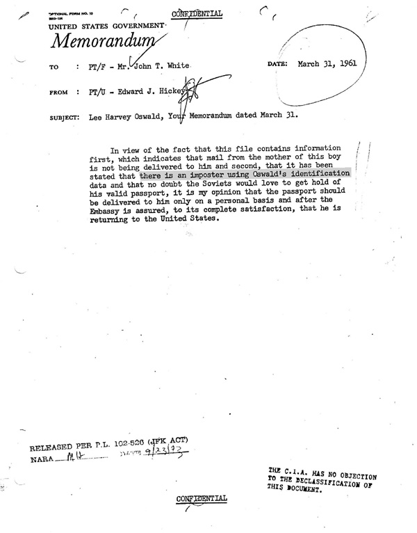 SteveCameronPr1's tweet photo. Excerpt from my upcoming #JFKassassination #book #FrameUp: The Conspiracy To Falsely Incriminate #LeeHarveyOswald:
"1961 State Department memo reporting that an imposter was using Lee Harvey Oswald's identification" https://t.co/05YoXnjmND