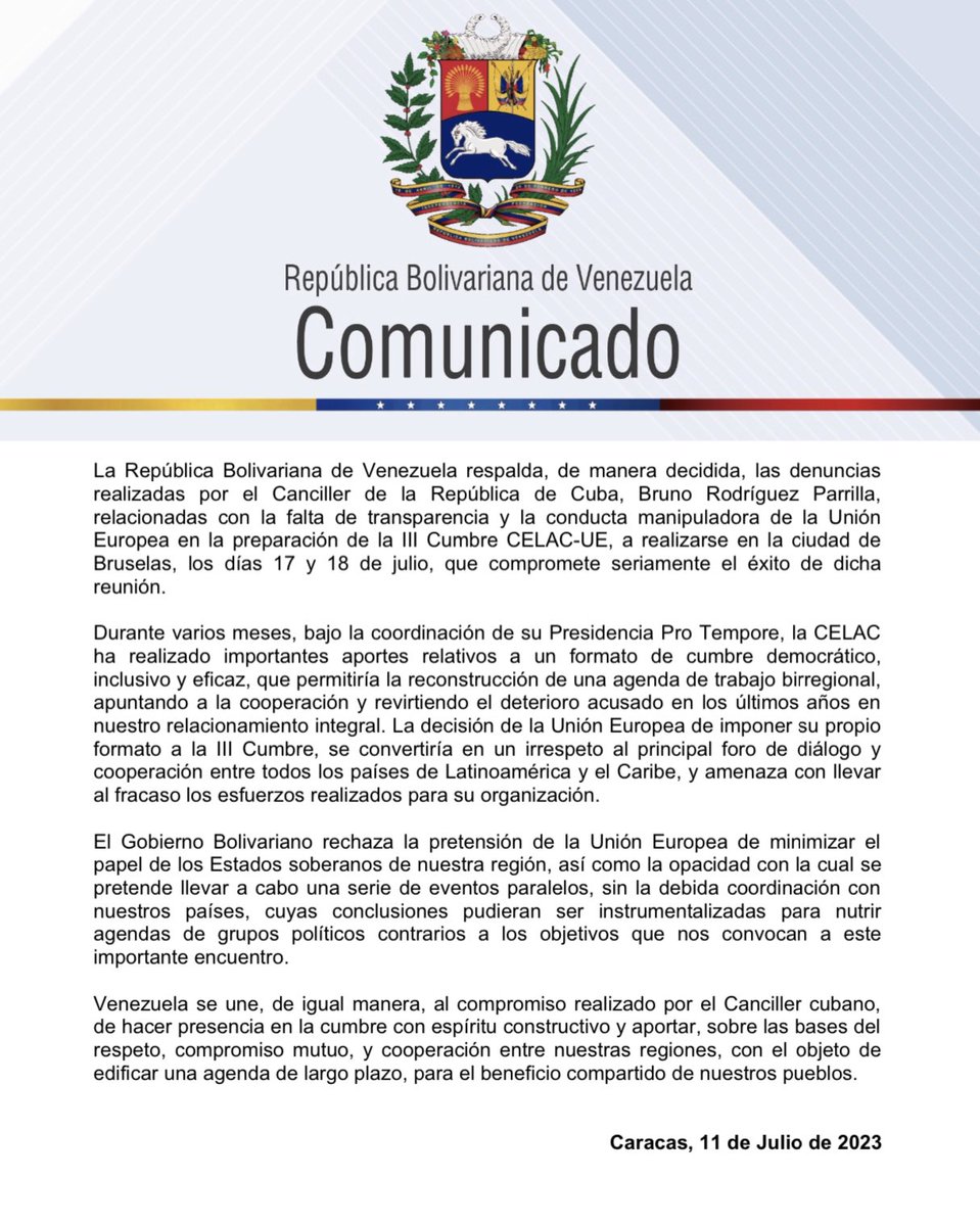 yvangil's tweet photo. Respaldamos las denuncias realizadas por el Canciller de la República de Cuba @BrunoRguezP , relacionadas con la falta de transparencia y la conducta manipuladora de la Unión Europea en la preparación de la III Cumbre CELAC-UE a realizarse en Bruselas este 17 y 18 de julio. https://t.co/SpqZSLoUC0