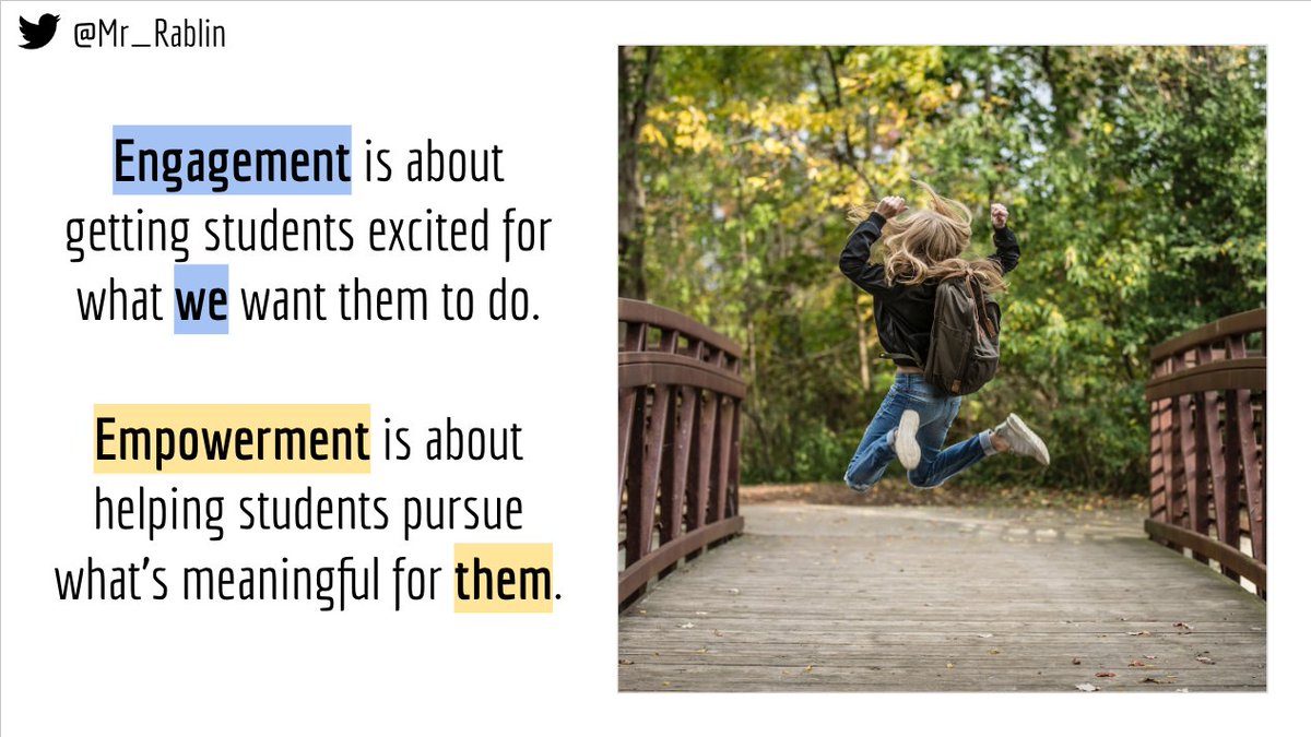 Running through my workshop for tomorrow, and this slide stuck with me. 

How often are we trying to convince students to do what we want them to do via "engagement" (which is fine) when we could be opening doors to allow them to pursue the content in ways that matter to them?