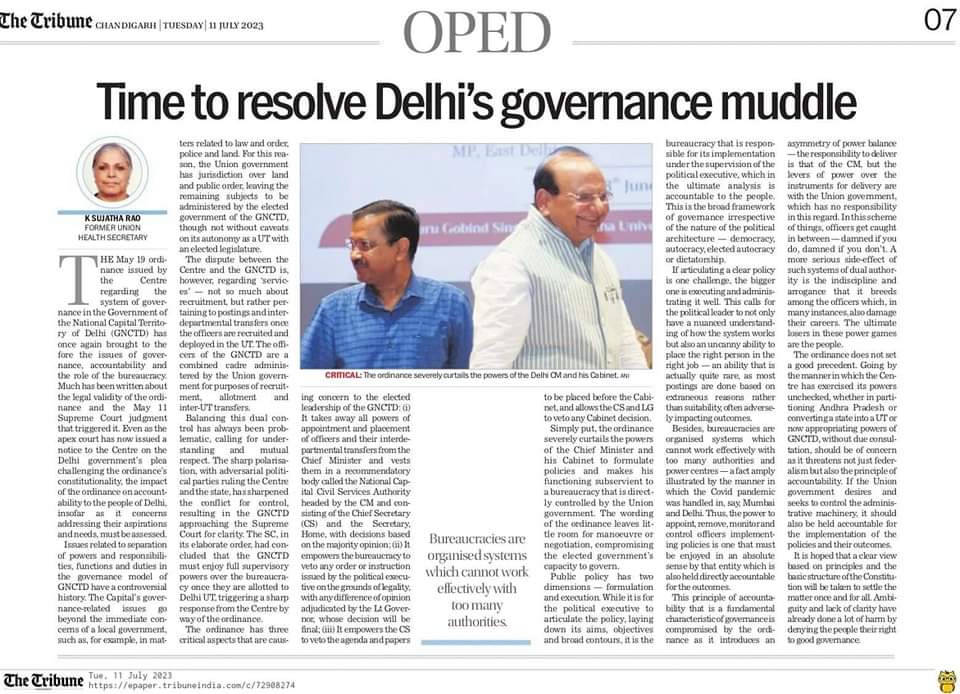 Must Read

"The ordinance does not set a good precedent.

Going by the manner in which the Centre has exercised its powers unchecked.. without due consultation, should be of concern as it threatens not just federalism but also the principle of accountability"- K Sujatha Rao,