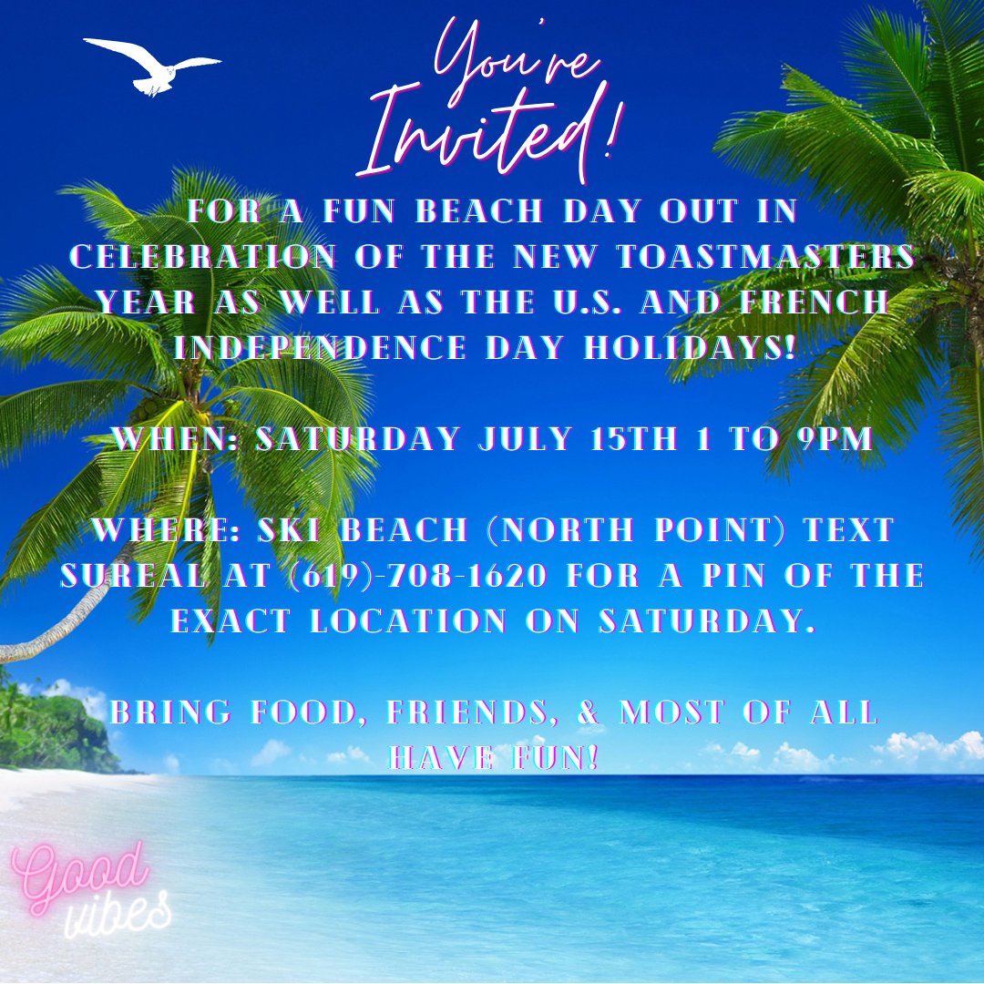 toastmasters7's tweet photo. ✨Join San Diego Toastmasters7 for a fun and sunny
       day at Ski Beach!

✨See flier for all details! https://t.co/SXx6TClqto
