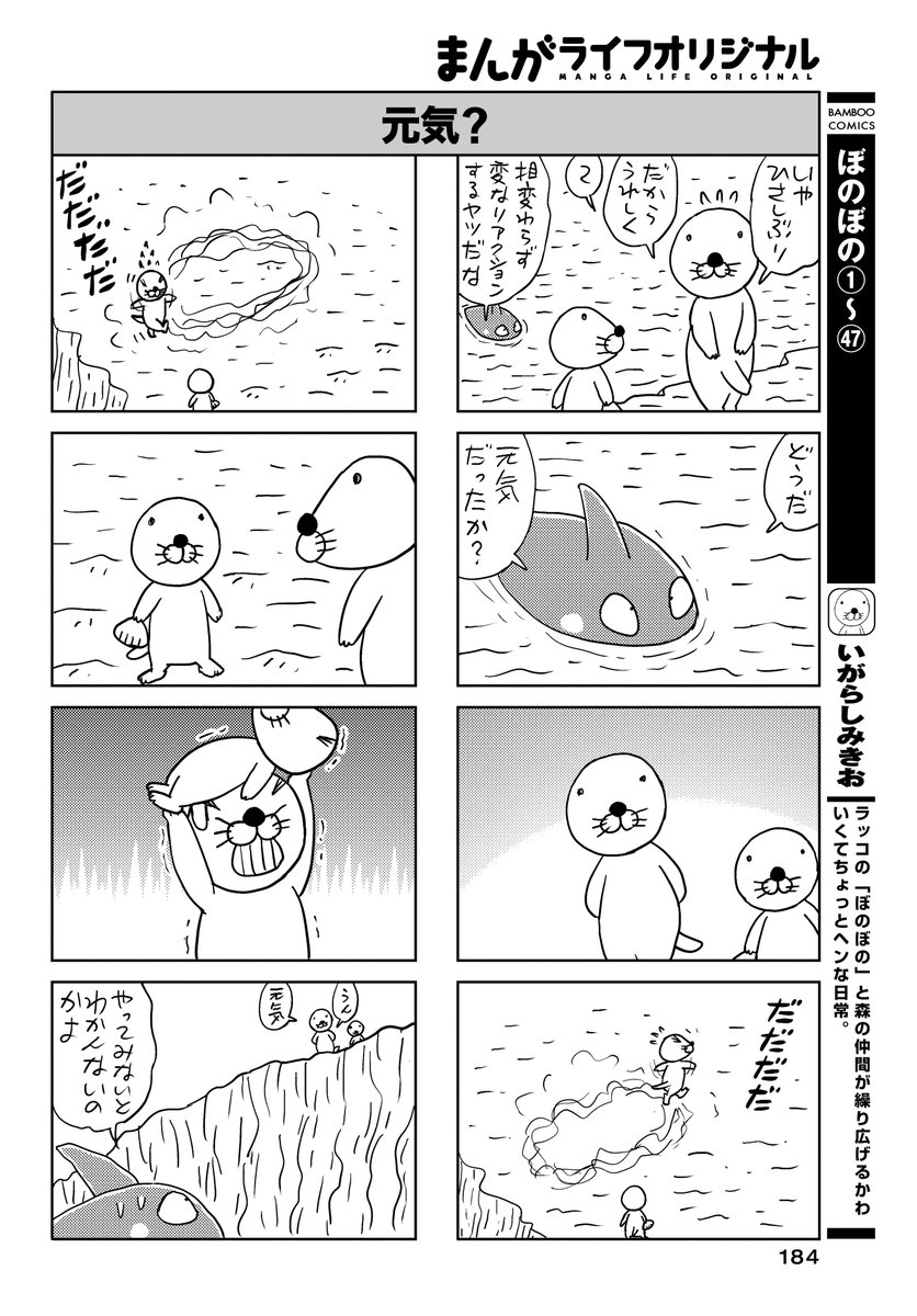 「ぼのぼの」(いがらしみきお)
ぼのぼのが海を眺めていると、
シャチのスカーさんがやってきた!!

鳥羽水族館のラッコのアイドル!メイちゃんキラちゃんが登場する
最新コミックス第㊽巻は7月14日(金)発売です♪

#まんがライフオリジナル #本日発売 