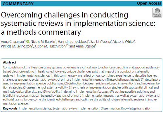 annakchap's tweet photo. Our new commentary in #SysRevsJ describes how to overcome challenges in conducting systematic reviews in implementation science #impsci Read more➡️https://t.co/Ycl72uaGx9
@AnnaUgalde_ @nicole_rankin8n @H_Jongebloed @SereneYoong @Vickiwh64101682 @TLivingston07 @ali_candlebark https://t.co/Dw2Pjq0zNz