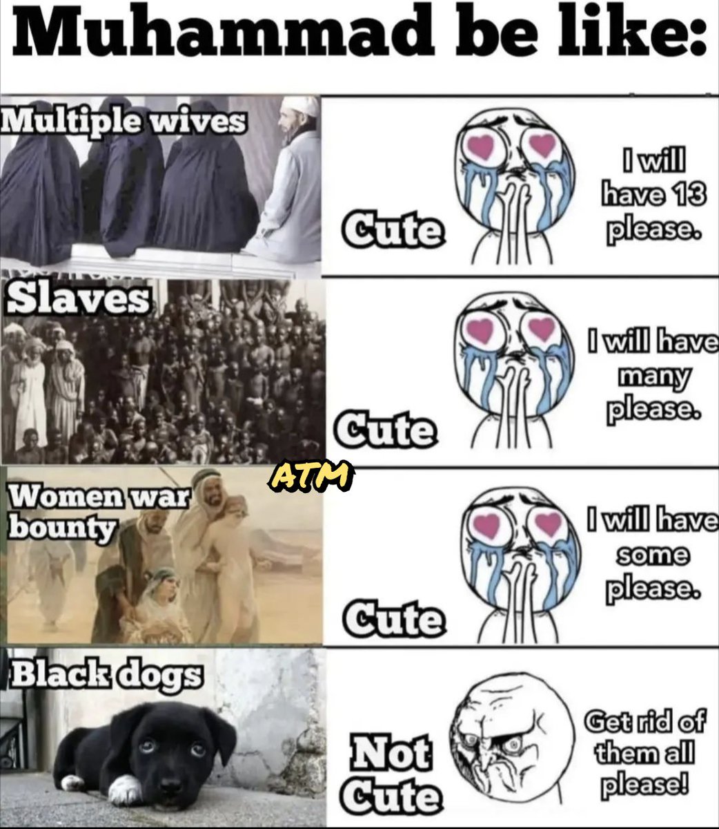 ExMuslimMemes's tweet image. First, Muhammad was supposed to be &quot;just a humble messenger of Allah&quot; he who abide by all Allah&apos;s command in the Quran. But Allah said all men are allowed 4 women, maximum!! Muhammad married 9 when he died and a total of 13 in his life time! 

Second, Muhammad owned many slaves.…