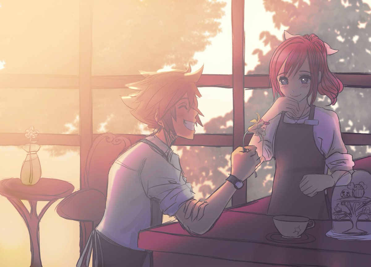 UnchainedStar's tweet image. Sokai Week Day 2: Coffee Shop/ Cafe AU 💞 Sora the florist comes to visit Kairi with gifts and ask her on a first date 😉✨ 

#sokaiweek2023 #sokai #sora #kairi #キングダムハーツ #ソラカイ　#kingdomhearts #oneheart