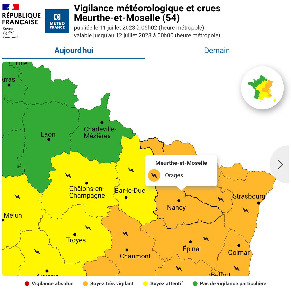 ⚠🟠VIGILANCE ORANGE ORAGES🟠⚠

Orages potentiellement violents d'ici la seconde partie d'après-midi et soirée. Les autorités placent alors #alsace, #moselle, #meurtheetmoselle #vosges en #vigilanceorange #orages.