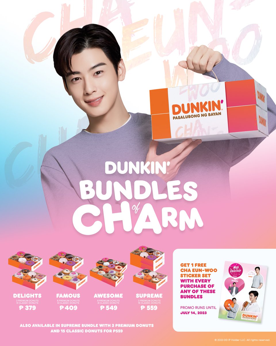 dunkinph's tweet photo. Savor the #ChaEunWooDunkinPH Experience! Get a FREE Cha Eun-Woo sticker set for every purchase of these Dunkin’ bundles: Delights, Famous, Awesome, and Supreme. Take home your Pasalubong now. #DunkinPH

Available in all Dunkin’ stores nationwide until July 14, 2023 https://t.co/cScZ7SDBTx