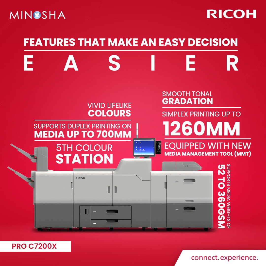 MinoshaPSPL's tweet photo. Vibrant hues, unrivaled precision & game-changing features that will leave you in awe! Say hello to a world of breathtaking color and unparalleled quality with Ricoh Pro 7200X
#MinoshaIndia #RicohPrinters #Ricoh #RicohPartner #productionprinting #productionprinters #vividcolours https://t.co/RuNtucOk4K