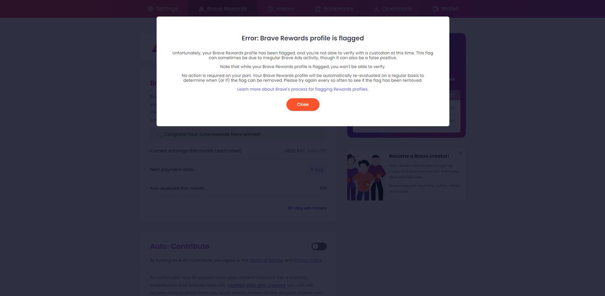 coskun_yay's tweet photo. @brave What does this mean? I'm just a regular user using Brave Browser for two years. How can my Brave Rewards profile be flagged?

Can you please help me with this issue?

I'm also still waiting for my June rewards (~4-5 BAT). The last BAT I received was on the 2nd of May. https://t.co/OJVqUU4DjC