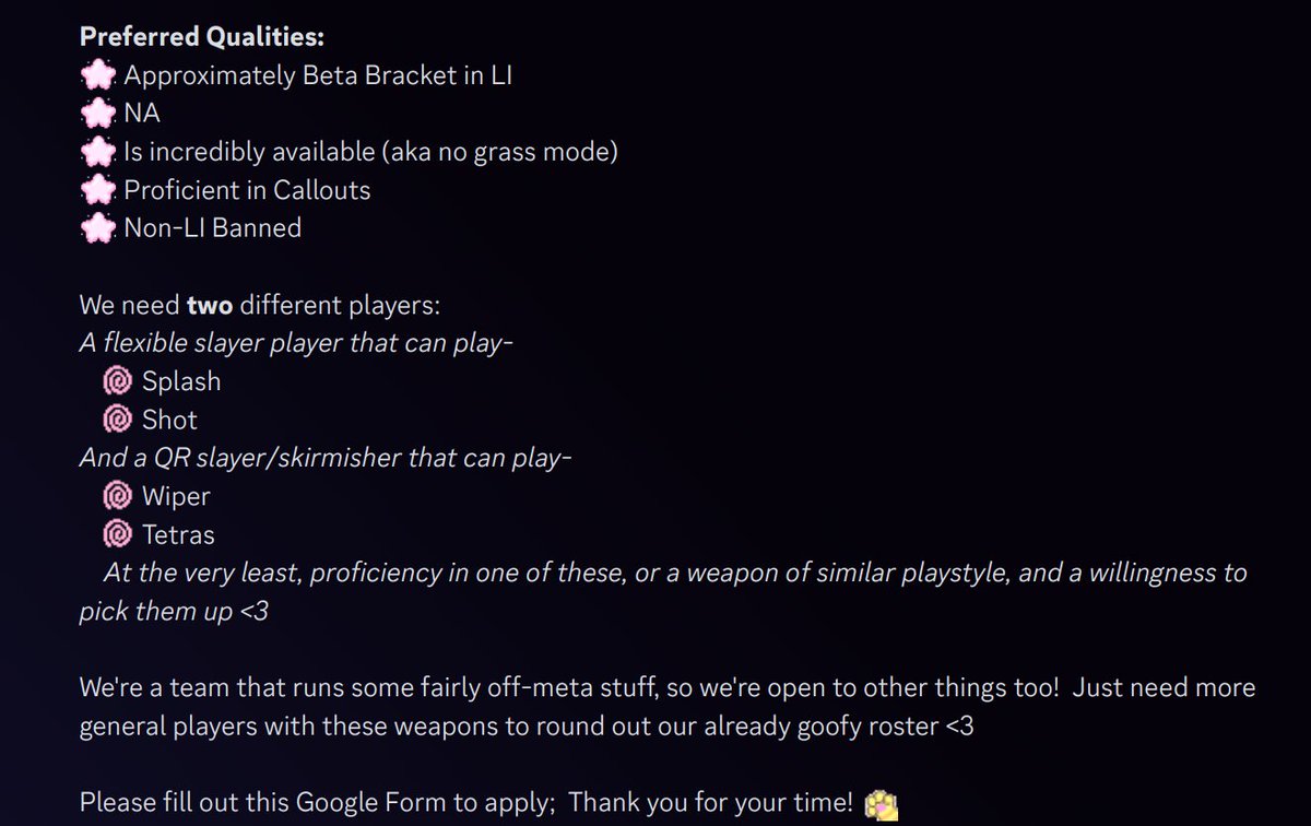 We're doing another round of tryouts! :)  

Our tryouts take multiple weeks 'cause we're a very dedicated team, so do keep that in mind!

Please apply to tryout here: forms.gle/f4hGmddSSNrvif…