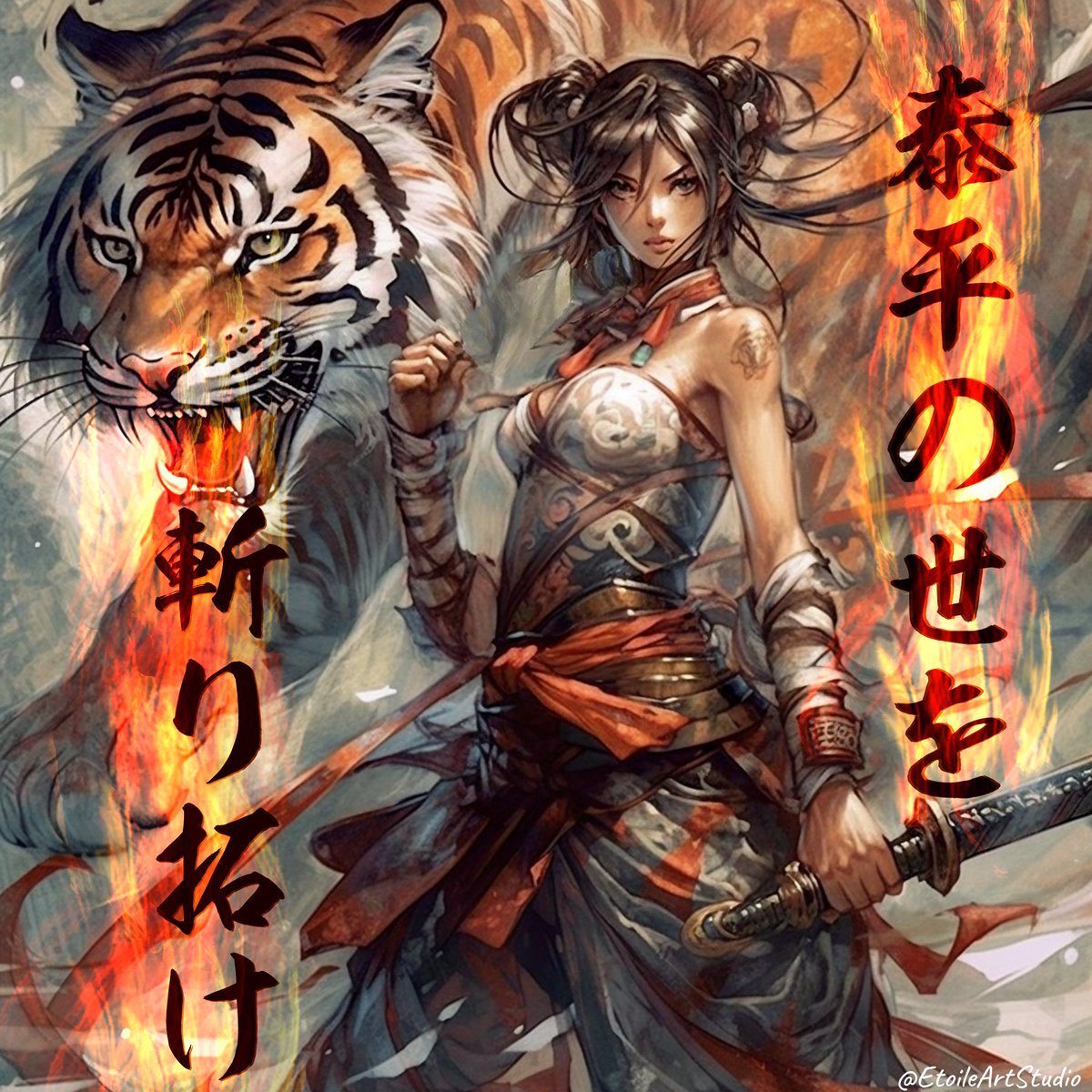 EtoileArtStudio's tweet photo. 素敵な企画ありがとうございます✨
参加させて頂きます♪

作品名①「剣の道に咲く花」
作品名②「戦国群雄姫～泰平の世を斬り拓け～」
#AIイラスト https://t.co/G4naEw1ASd