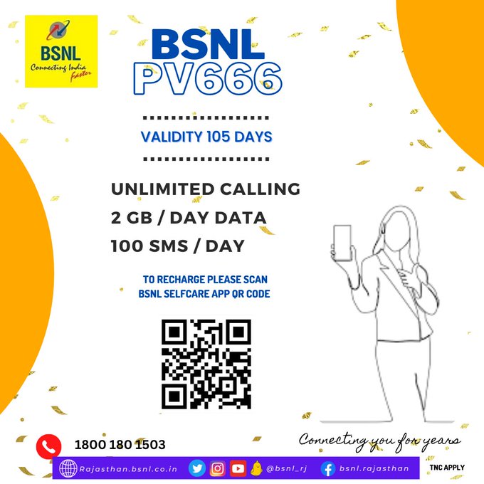 BSNL_RJ's tweet photo. Recharge for #PV666 &amp; enjoy 2GB of data per day, unlimited calling, and much more for 105 days. #RechargeNow with #BSNLSelfCareAppDownload the app now. Google Play: https://t.co/vJ5rLFEN1G: https://t.co/zhMqlm62Sa #BSNLOnTheGo #BSNLRJ_Mobile #G20India #bsnlrecharge https://t.co/wQJO6wkEGN