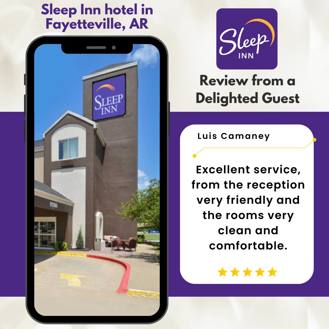Experience a stay like no other as our exceptional staff weaves unforgettable moments.
For more details call +1 (479) 587-8700  or visit sleepinnfayettevillear.com
#guestreview #guestfeedback #happyguest #guestsatisfaction #guestappreciation