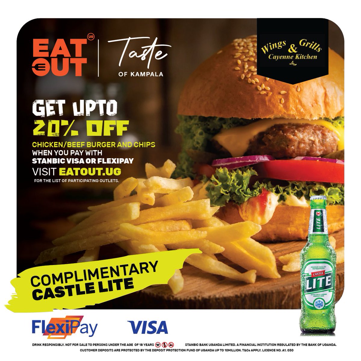 Burger bliss awaits! Get ready for a flavor-packed adventure that will leave you wanting more, grab your squad and head over to <a href="/wingsandgrills/">Wings & Grills by Cayenne Kitchen</a> for this spectacular Taste of Kampala offer

Enjoy an ice cold Castlelite with each meal you order 💯

#TasteofKampala