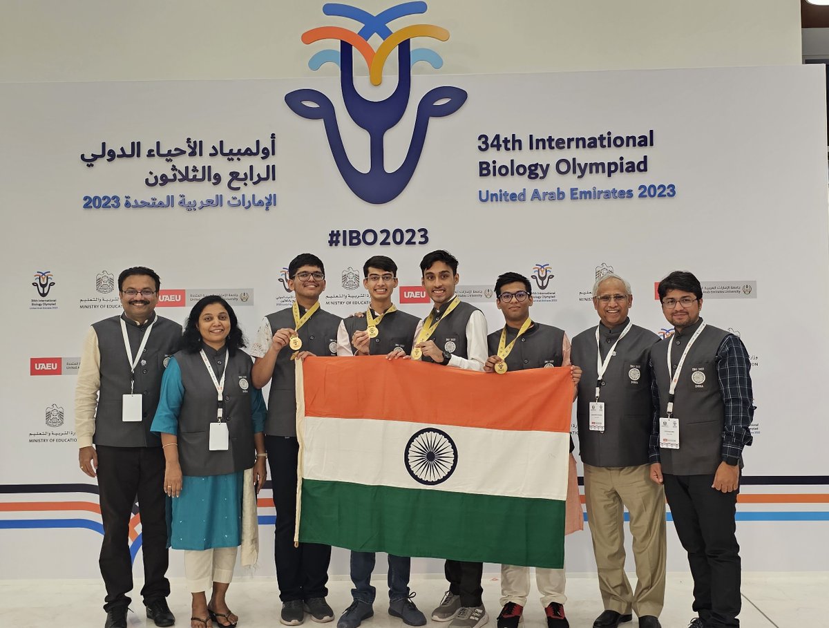 For the first time, ALL 4 students representing Team🇮🇳 India won GOLD🥇 medals at the 34th International Biology Olympiad 2023, hosted at Al Ain, UAE from 2-11 July.  293 students from 76 countries participated in the event. Congratulations to the students and mentors!