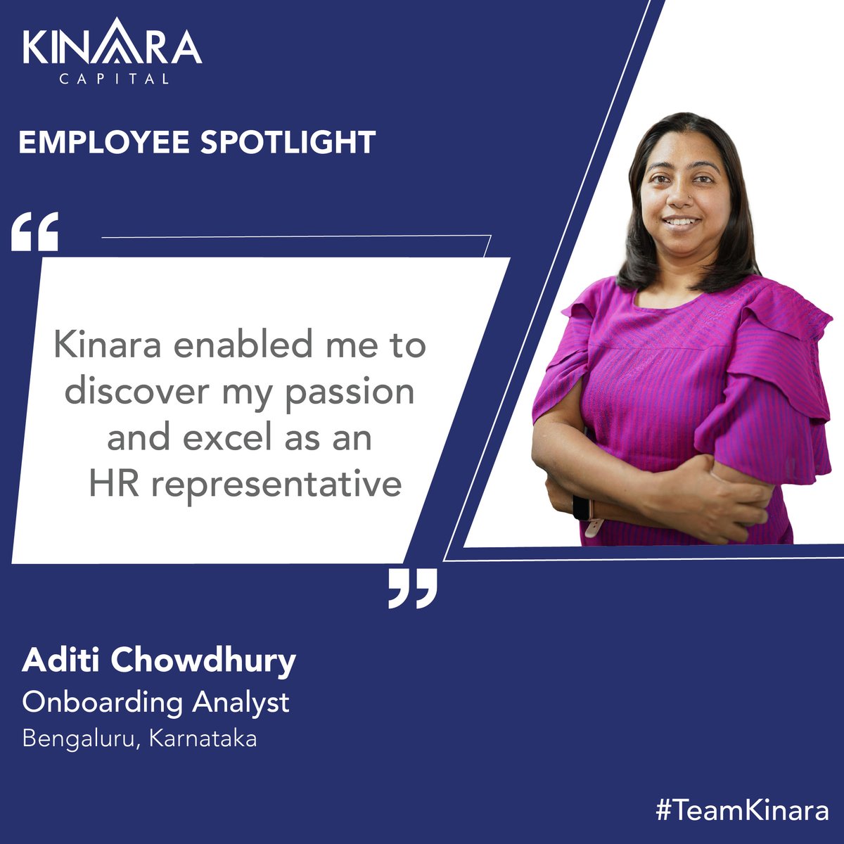This week's #EmployeeSpotlight features Aditi Chowdhury, our #HR Onboarding Analyst from #Bengaluru #Karnataka who shares, "Kinara fosters a supportive work culture, valuing knowledge sharing &amp; collaboration."

m.knra.io/MeetAditi

#KinaraCapital #TeamKinara #TalentTuesdays