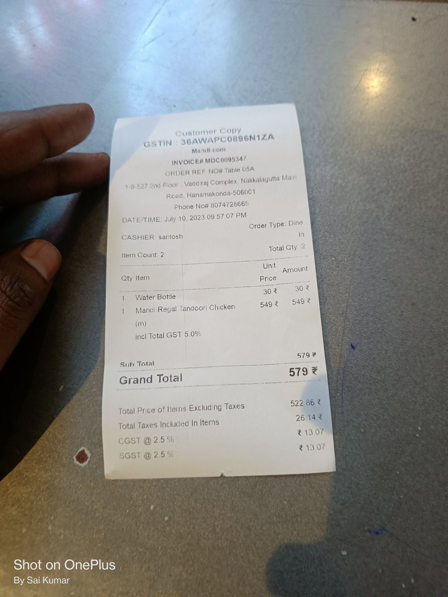 Deejaysaikumar's tweet photo. @MC_GWMC Unacceptable behavior by https://t.co/BtN75iamjG Arabian Restaurant in Warangal! They make customers pay for water instead of providing it for free. This violates consumer rights and I urge you to look into this matter and impose penalties if necessary. 
@VijayGopal_ https://t.co/cvk4MdDVId