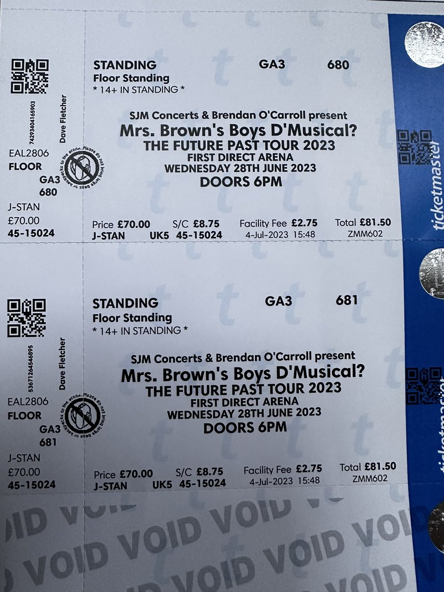 djlsfletcher's tweet photo. @TicketmasterUK  got my commemorative tickets today for the IRON MAIDEN gig in Leeds but it appears that MRS BROWNS BOYS have taken over the tour 😂. Can we have a reprint please https://t.co/HAzN37ZSIw