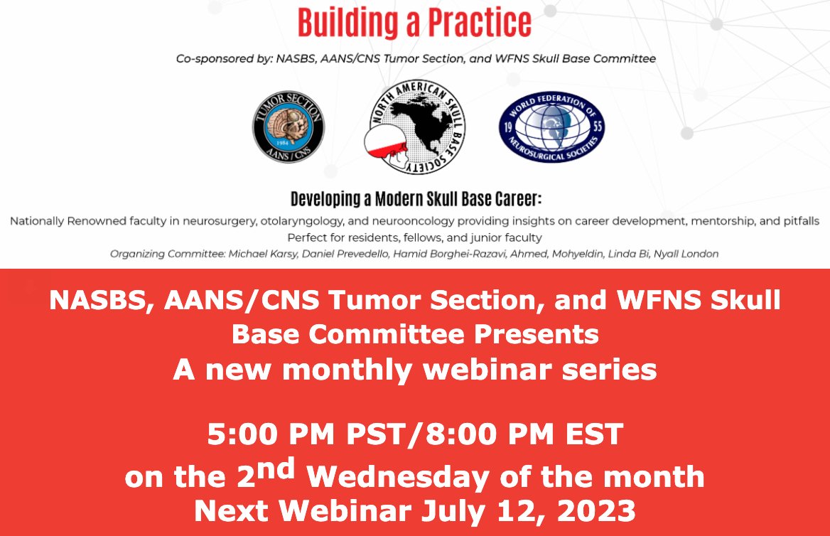 NASBSorg's tweet photo. Join us tomorrow for the second episode of "Developing a Modern Skull Base Practice and Career" focused on "Contract “Negotiations”: Nuances and Pitfalls" w @chicoinem1 @AngelaMRichard1 @DrLeeZimmer @MichaelKarsy @blairbarton, 8p EST, registration open! 

https://t.co/et17di3bSh https://t.co/tE2VinoUYl