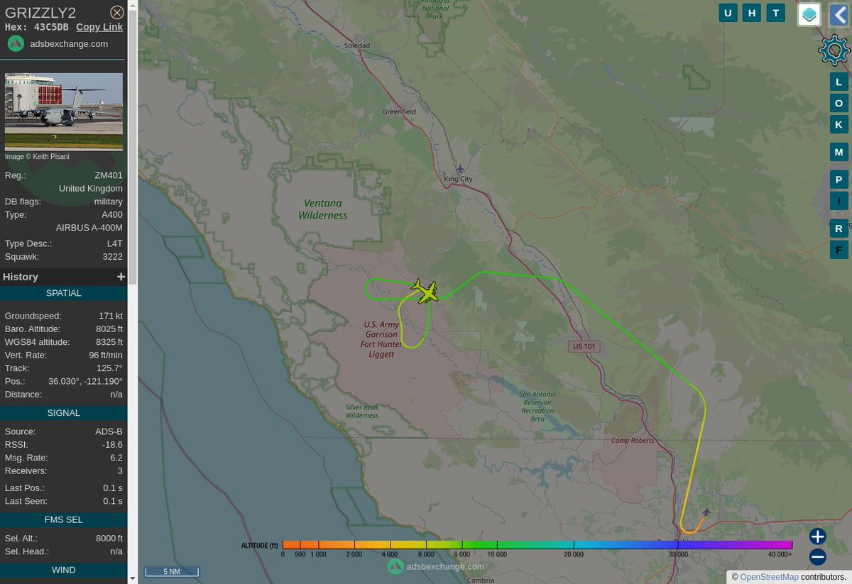 Radar_Assistant's tweet image. MULTI ADSBX MANOEUVRING ALERT : At time Tue Jul 11 05:57:11 2023 #GRIZZLY2 was likely to be manoeuvring at FL80 2nm from HGT Hunter_Liggett_NDB_US
 near Monterey County, CAL Fire Southern Region, Califor #AvGeek #ADSB globe.adsbexchange.com/?icao=43C5DB&amp;amp;z…