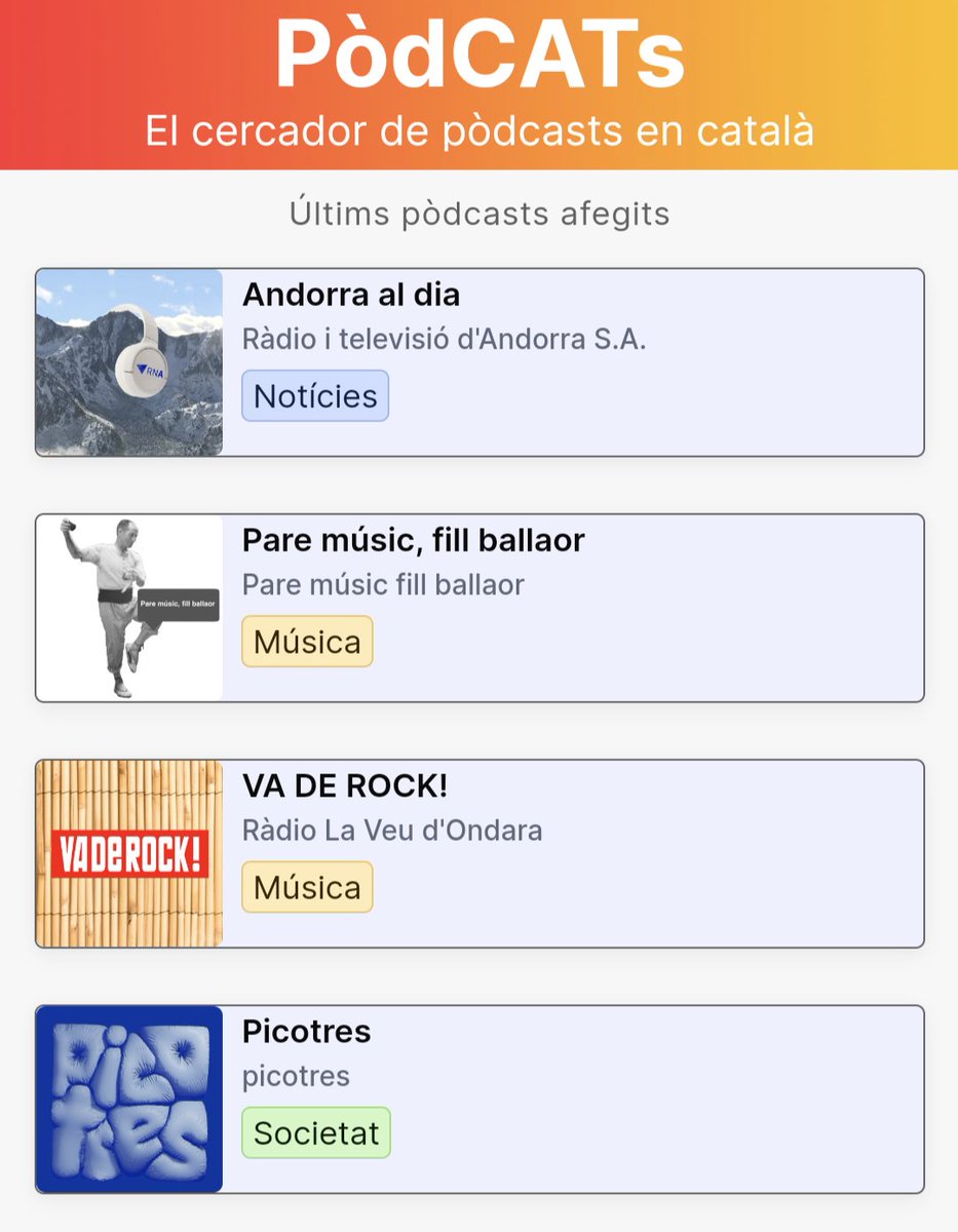 PodCATscat's tweet photo. Benvinguts @rtvandorra i @fillballaor a https://t.co/u5G2by8lyB, el cercador amb 648 pòdcasts en català! 🥳 #podcastencatalà https://t.co/zlGY3dDrxu