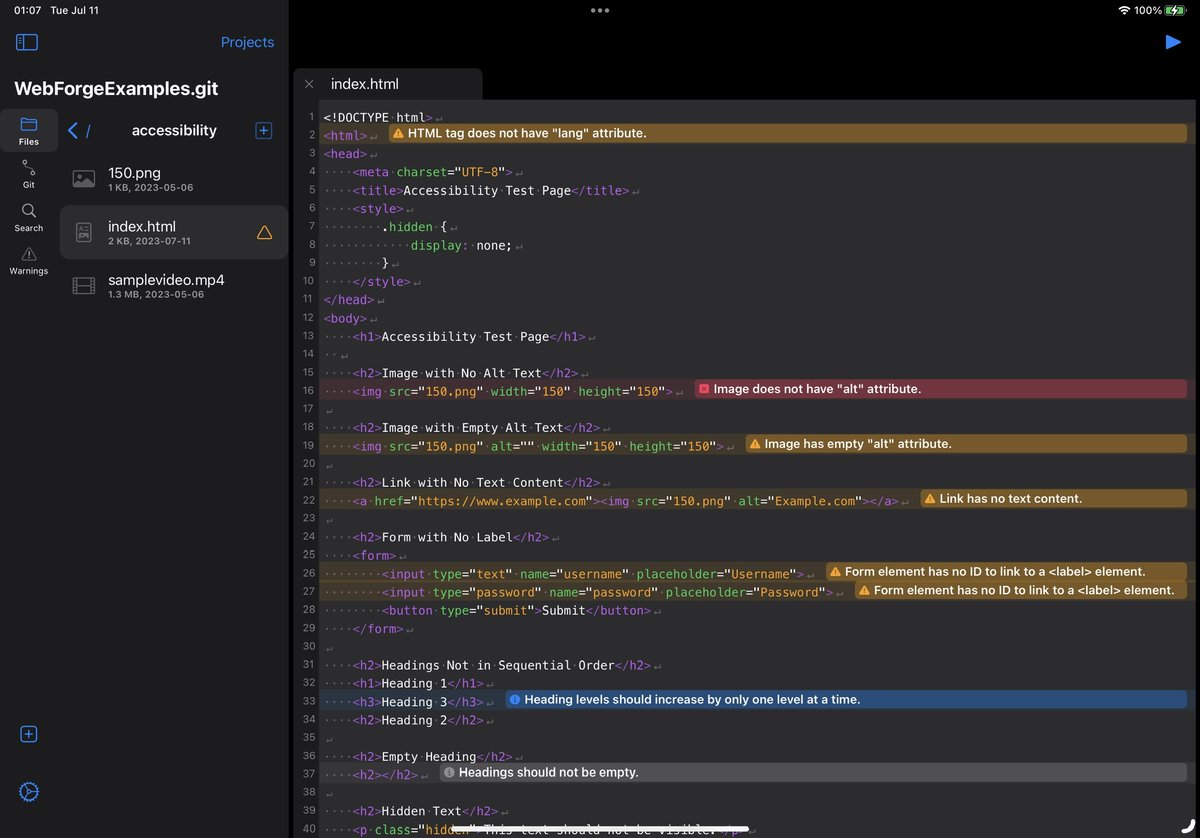 webforgeide's tweet photo. 👍 We've got you covered! WebForge IDE provides a wide variety of code checks. Syntax errors? Missing alt text? Not anymore! #WebForge #WebDev #comingsoon https://t.co/kWnHHufVh2