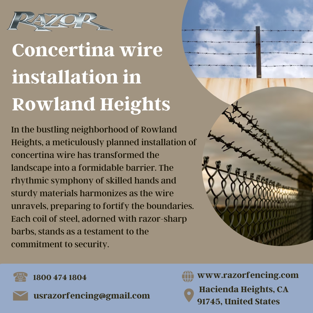 RazorFencing's tweet image. Concertina wire installation in Rowland Heights: In the bustling neighborhood of Rowland Heights, a meticulously planned installation of concertina wire has transformed the landscape into a formidable barrier. 
#concertinawireinstallation #Concertina #razorwire #razorfencing
