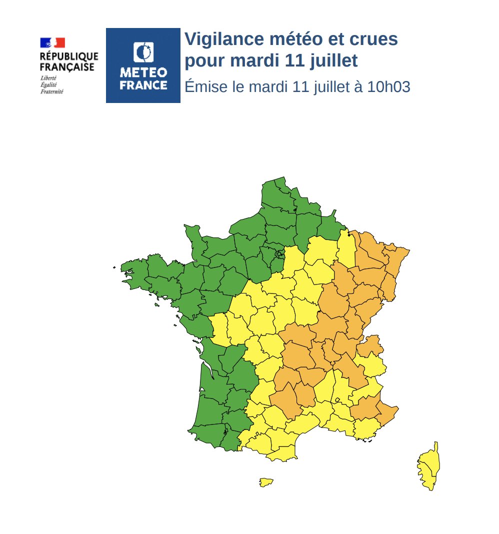 À cause la mauvaise communication de <a href="/meteofrance/">Météo-France</a> sur les #orages , BFMTV préfère, ce midi, utiliser les prévisions de <a href="/KeraunosObs/">Keraunos</a>.
Pour rappel, Keraunos a émis une alerte de niveau maximale ce matin, une première depuis 2014.
Carte officielle de Météo-France ci-dessous.