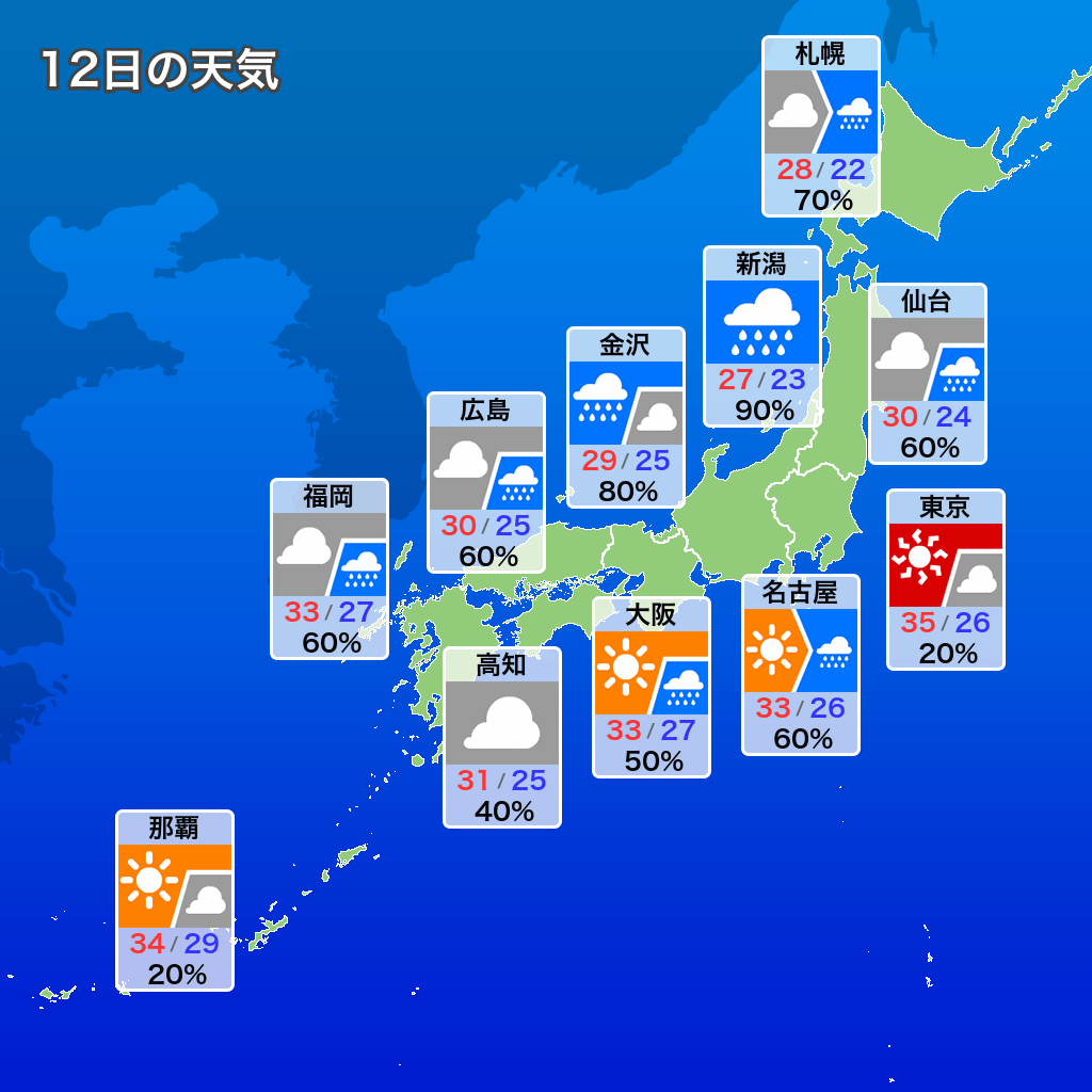 weather_ufbot's tweet photo. 明日7月12日の天気情報です。 https://t.co/ichCKKOeJE