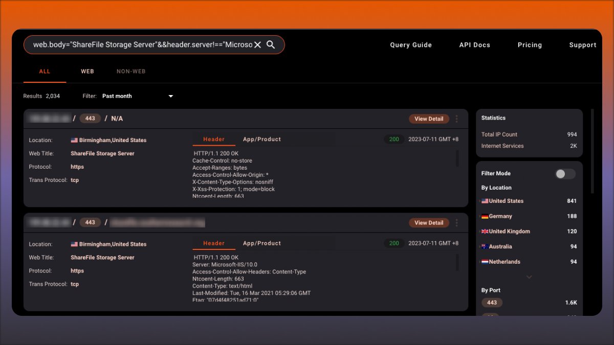 Hunter (@huntermapping) on Twitter photo 🚨Alert🚨 CVE-2023-24489 #Citrix #ShareFile's arbitrary file upload led to #RCE
📎 hunter.how/list?searchVal…
(We exclude Microsoft-IIS/8.5 servers since these services seem to be related to honeypots.)
🔖A really nice detailed dive in from the
<a href="/assetnote/">Assetnote</a>
blog.assetnote.io/2023/07/04/cit… 🚨Alert🚨 CVE-2023-24489 #Citrix #ShareFile's arbitrary file upload led to #RCE
📎 hunter.how/list?searchVal…
(We exclude Microsoft-IIS/8.5 servers since these services seem to be related to honeypots.)
🔖A really nice detailed dive in from the
<a href="/assetnote/">Assetnote</a>
blog.assetnote.io/2023/07/04/cit…