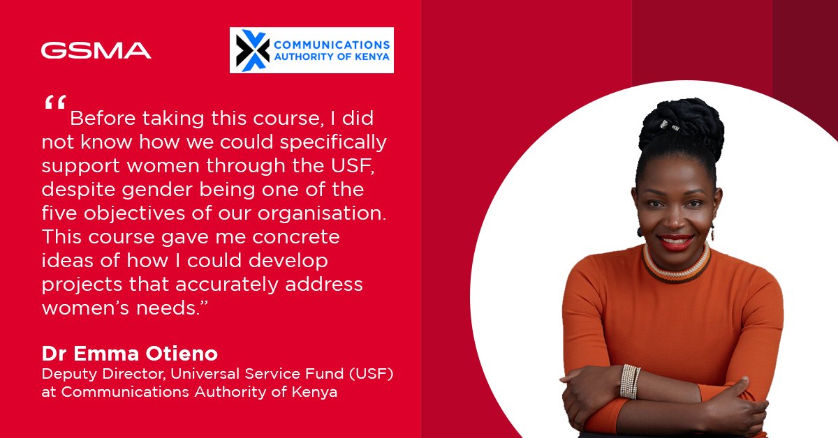 Hear how @GSMA's 'Bridging the #MobileGenderGap' #CapacityBuilding course helps policymakers like  Dr. Otieno from @CA_Kenya champion gender-responsive projects to close the gender digital divide 

Read my & @MugaineE's blog to learn more 👉 bit.ly/3D9HKxn 
#UKAid #Sida