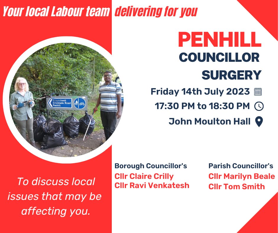 way2ravi's tweet photo. We are pleased to announce that Penhill Councillor surgery is this Friday. Please, come and share your views and concerns or just stop by to say "hi"!
We will be available between 17:30PM - 18:30PM at the John Moulton Hall https://t.co/wFhAm5jHDl
