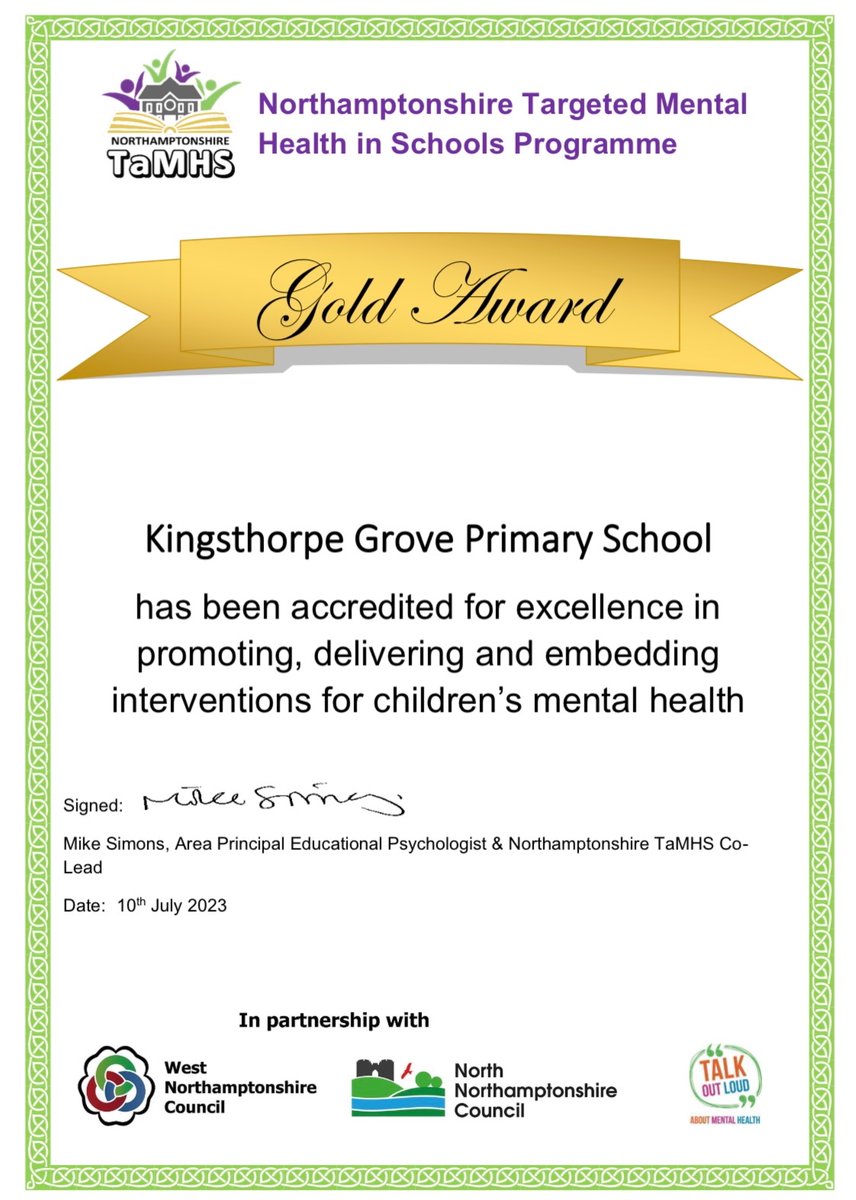 We are delighted to announce that we have been awarded the Gold Award for TaMHS (Targeted mental health in schools)