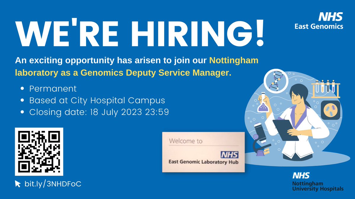 Job 🧵1 of 3  We're hiring! 

First up, we're looking for a Genomics Deputy Service Manager at our <a href="/nottmhospitals/">Nottingham University Hospitals</a> lab. Are you HCPC registered?

Informal enquiries to Amanda Corkill: amanda.corkill2@nuh.nhs.uk

 👉bit.ly/3NHDFoC. Closes 18 July.