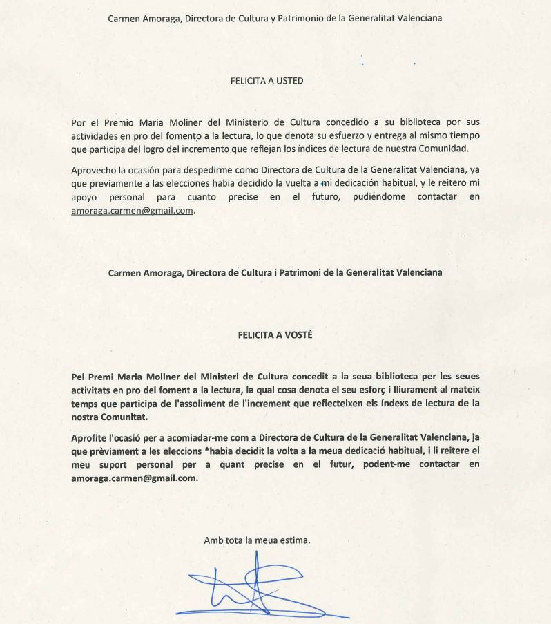 labibliomuro's tweet photo. Un any més, la Biblio ha guanyat el Premi María Moliner. El premi és fruit del treball de la societat murera: usuaris, Consell Lector, centres educatius, Clubs de Lectura... Perquè sense vosaltres la nostra Biblio no tindria sentit. Gràcies per estar i enhorabona a tots! https://t.co/r7Vth8wrTq