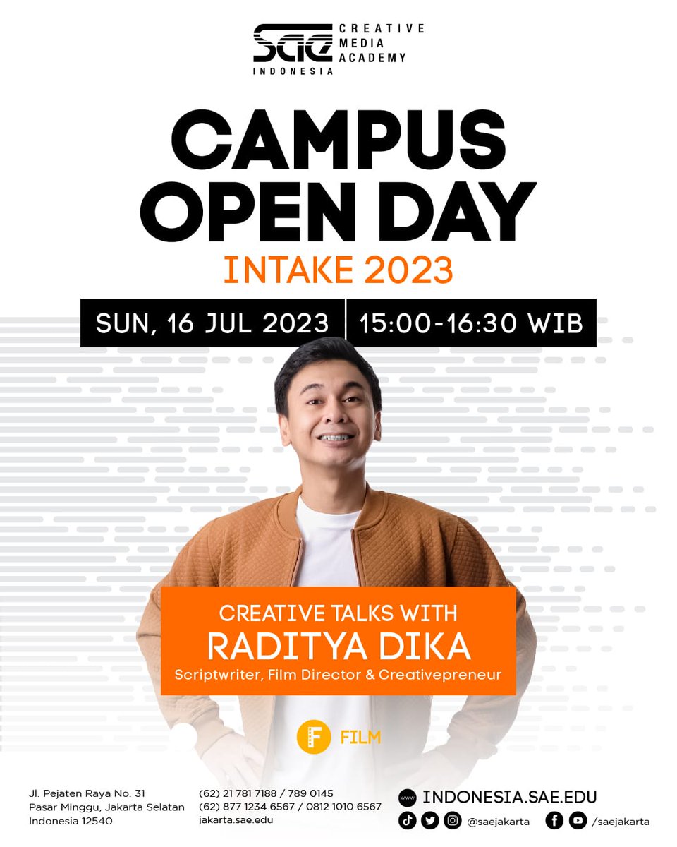 SAEjakarta's tweet photo. Campus Open Day kali ini, SAE Indonesia akan kedatangan @raditya_dika seorang Sutradara, Scriptwriter, &amp; Creativepreneur 🎥🎬

Kapan?
🗓 Minggu, 16 Juli 2023
⏰️ 13:00 - 17:00 WIB
📌 Kampus SAE Indonesia
🎟 Free, register: https://t.co/251vp52ttS https://t.co/y1PQoDUrqQ