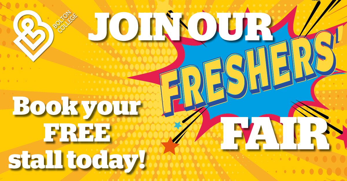 Calling all businesses and organisations! Join us at our #FreshersFair - a prime opportunity to showcase your brand, products, or services to our vibrant student community. Register for a FREE stall - email matthew.connor@boltoncc.ac.uk @TheBoltonNews @boltoncouncil