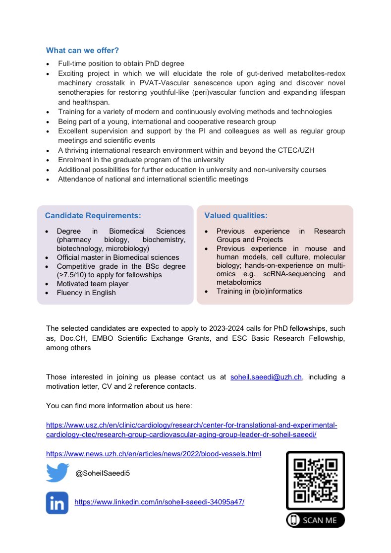 Soheil Saeedi (@soheilsaeedi5) on Twitter photo We are looking for new PhD and Master Students to join our group at <a href="/CTECresearch/">CTEC - Zurich University Heart Center</a> / <a href="/UZH_en/">University of Zurich</a> focusing on (Peri)vascular #Senescence and #Aging.
Please share this vacancy with any interested students!👇🏻👇🏻👇🏻 We are looking for new PhD and Master Students to join our group at <a href="/CTECresearch/">CTEC - Zurich University Heart Center</a> / <a href="/UZH_en/">University of Zurich</a> focusing on (Peri)vascular #Senescence and #Aging.
Please share this vacancy with any interested students!👇🏻👇🏻👇🏻