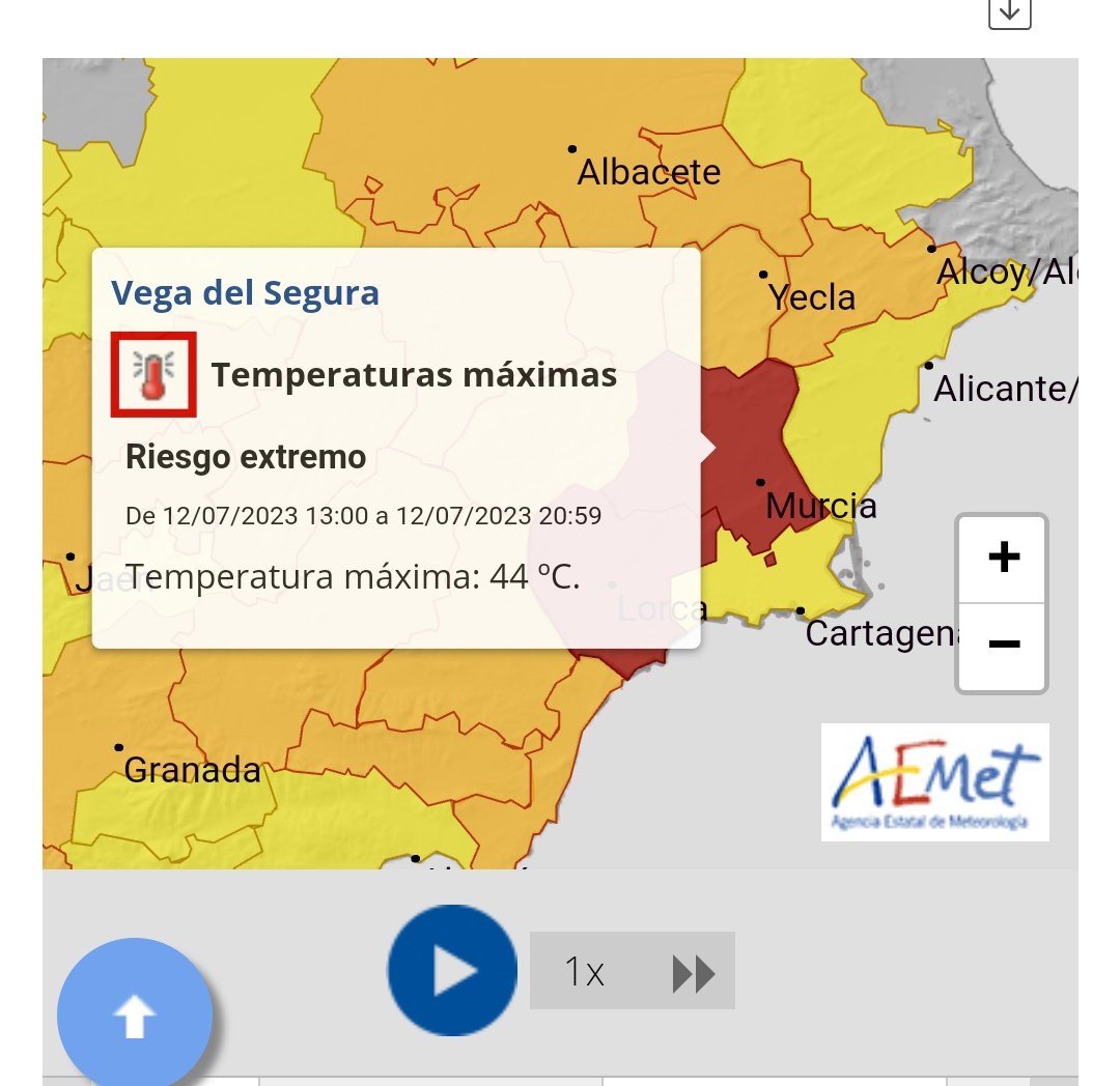 MeteoSE's tweet photo. ⚠️⚠️ AEMET activa aviso nivel rojo 🔴 por temperaturas que en la Vega del Segura, huerta de Murcia y Valle del Guadalentin podrán alcanzar mañana los 44° (el modelo europeo marca una máxima cercana a los 47°).

Ante este aviso desde  AMETSE hacemos las siguientes recomendaciones: https://t.co/R9F8hOUMZv