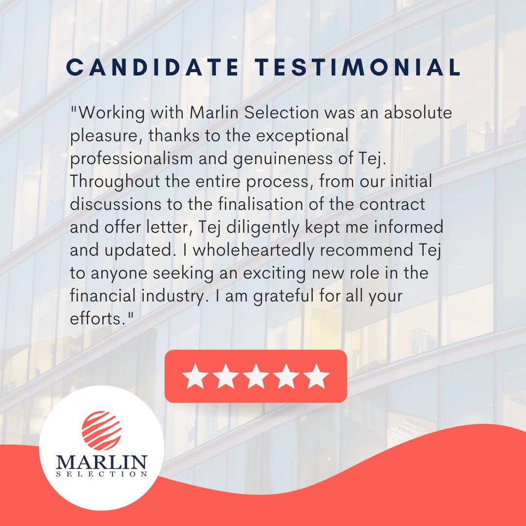 MarlinSelection's tweet photo. 🙌 At Marlin Selection, we take pride in delivering top-notch service and building genuine relationships with our candidates.

Contact us - info@marlinselection.com

#MarlinSelection #Testimonial #FinancialIndustry #Professionalism #ExceptionalService https://t.co/ryYzx91QUU